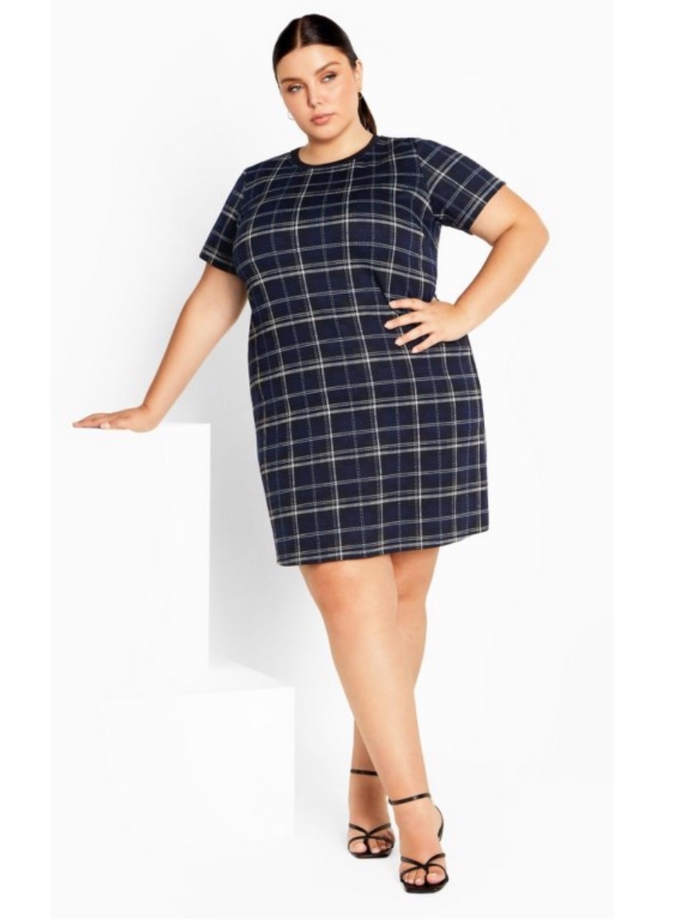 City Chic Navy Plaid Short Sleeve Shift Dress